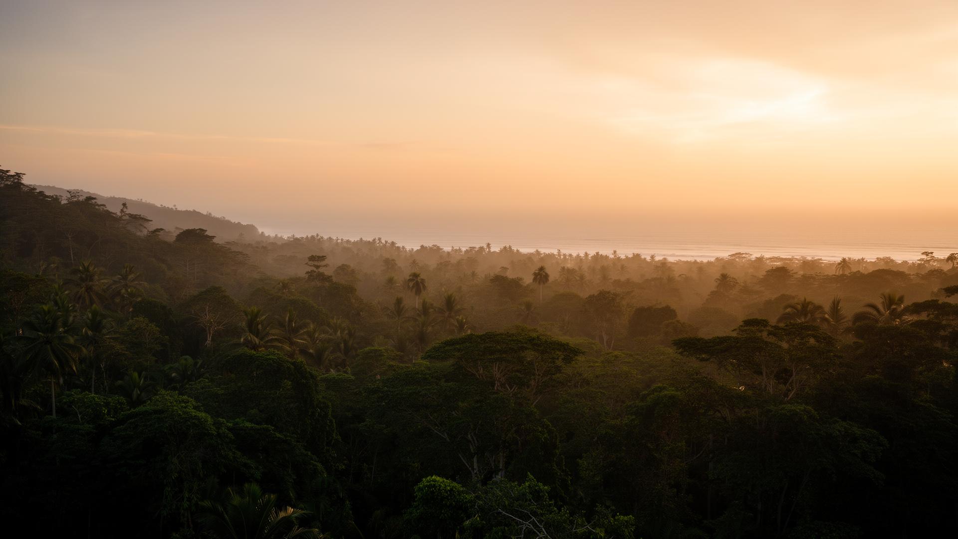 Floresta encontrando o horizonte do oceano ao pôr do sol