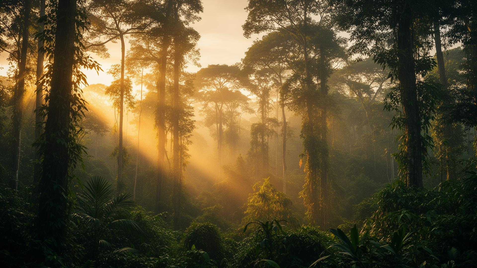 Floresta amazônica ao amanhecer com neblina e luz dourada